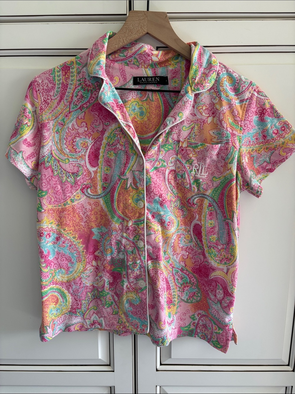 Ralph Lauren Black Label Pink Paisley Floral PJ Shirt Monogram Womens Medium